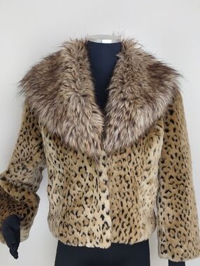 INC International Concepts Faux Leopard Teddy Jacket with Fur-Trim Collar